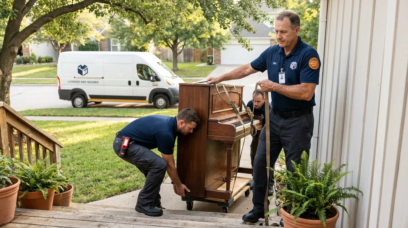 Licensed piano movers securing grand piano in Clio, MI