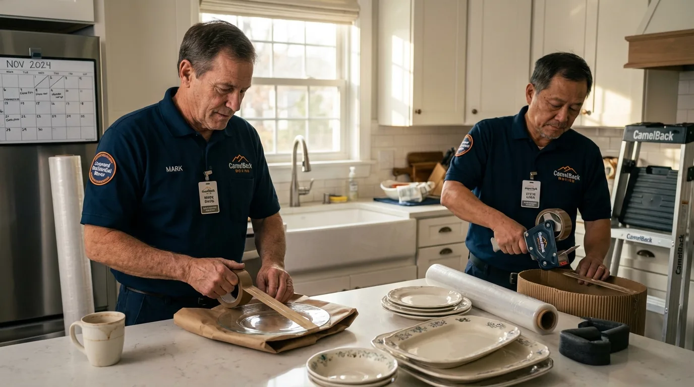 Professional crew packing kitchen dishware in Clio, MI
